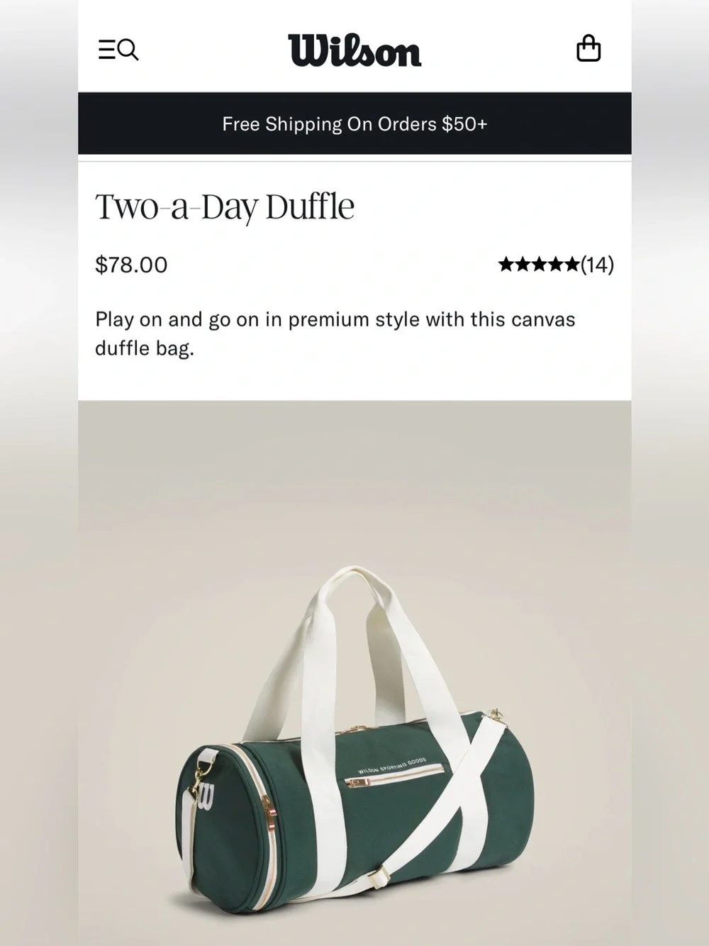 Wilson Green Canvas Duffel Bag with White Straps